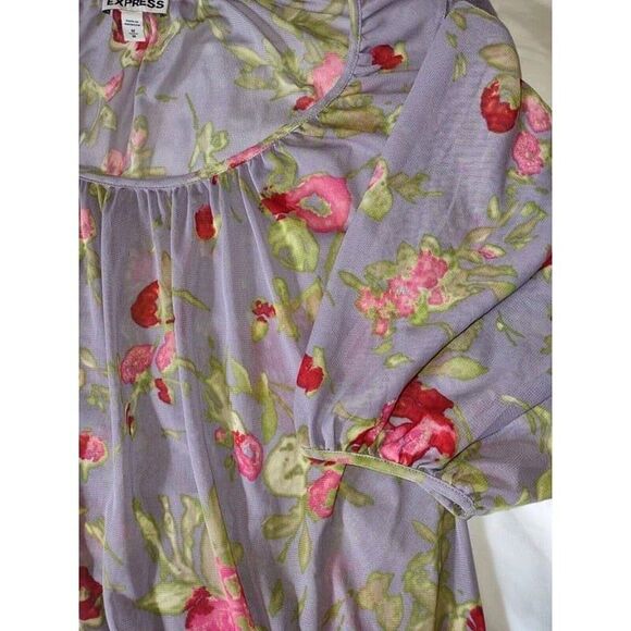 5/$25 Sz Med Express Sheer & Lace Mesh Top Floral Puff Sleeves Pinks Purple - Picture 5 of 11